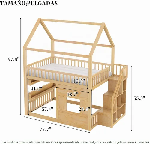 Vista 2 de Cama de casa de tamaño matrimonial con luz LED integrada y barandillas de seguridad, marco de cama de madera con escalera resistente para niños