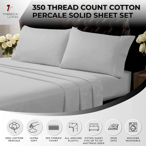 Vista 3 de Tribeca Living Juego de sábanas de cama tamaño King, de percal de algodón egipcio sólido, suaves y crujientes, con bolsillo extra profundo, 350