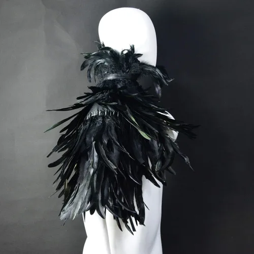Vista 5 de Homelex, chal de pluma natural negro gótico con cuello de gargantilla