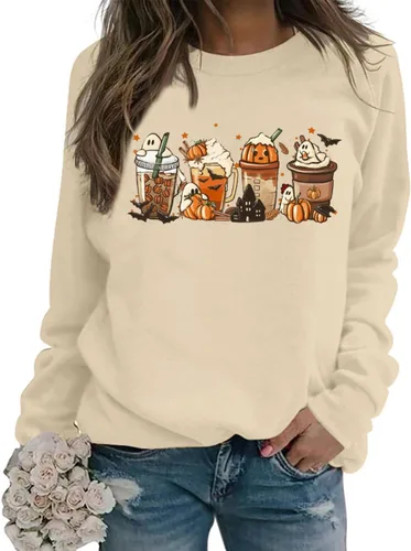 Vista 2 de FCHICH Sudadera con leche de calabaza y especias para mujer, camiseta de Halloween, para amantes del café, regalo, casual, de manga larga, para otoño