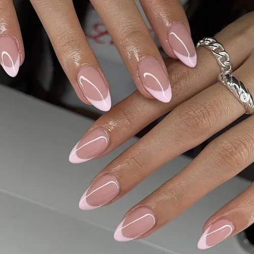 Vista 12 de Uñas postizas a presión con punta francesa negra, uñas cortas de almendra, uñas con pegamento para mujer, uñas acrílicas francesas de gel, uñas