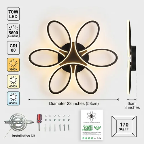 Vista 6 de Moderna lámpara LED de techo, 23 pulgadas, 70 W, con control remoto/aplicación, lámpara de montaje empotrado regulable para sala de estar, comedor