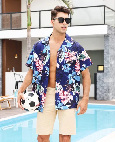 Vista 6 de MRIGNT Men's Hawaiian Shirt Short Sleeves Printed Button Down Summer Beach Shirts