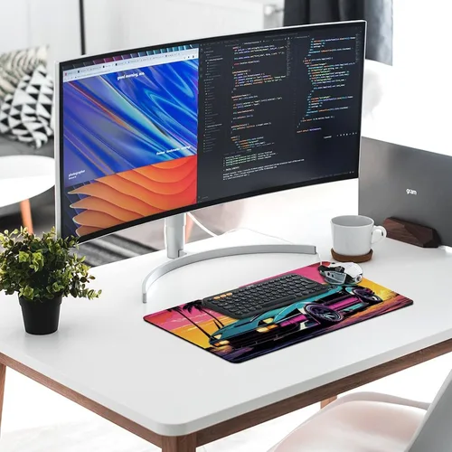 Vista 5 de Large Mouse Pad Classic Retro Sports Car Synthwave Sun Palm Trees Art Desk Mat Computer Accessories Gaming Office Organizers Supplies Decor