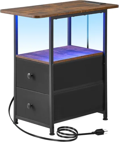 Vista 19 de DALEMHOME Mesa auxiliar estrecha con estación de carga, mesa auxiliar estrecha con cajón, mesita de noche pequeña con luz LED, mesita de noche Negro