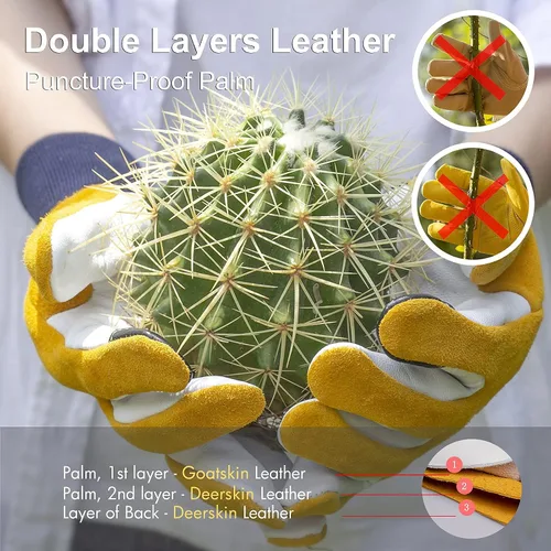 Vista 2 de Cactus Gloves, 2 Layers Leather Palm, Deerskin Back Women Gardening Gloves Amarillo y blanco