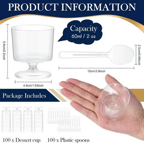 Vista 2 de 100 mini tazas de postre de 2 onzas con 100 cucharas de plástico transparente, tazones de mousse con pies y pedestal de frutas, parfait aperitivo