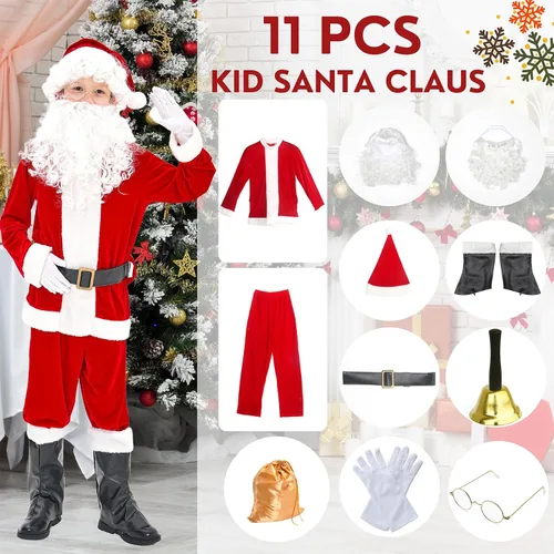 Vista 4 de Kofero Disfraz de Papá Noel para niños, 11 piezas, fiesta de Navidad, juego de cosplay para niños, traje de terciopelo rojo de lujo para niños