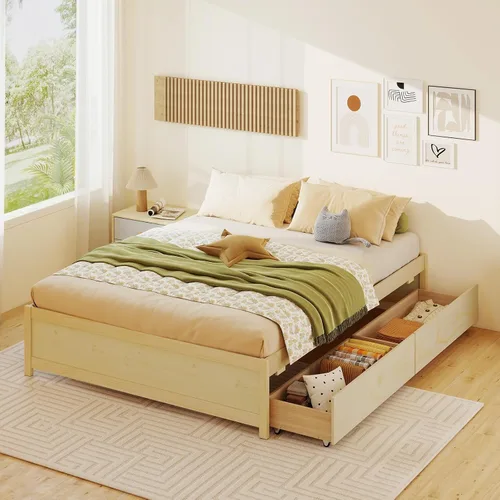 Vista 14 de KOMFOTT Base de cama de plataforma de madera de tamaño individual con 2 cajones de almacenamiento, plataforma de madera con soporte de tablillas