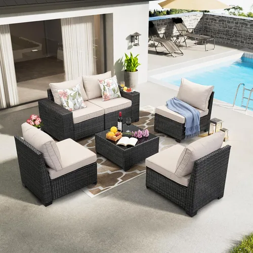Vista 8 de JOYURE Juego de muebles de patio de 6 piezas para todo tipo de clima, sofá seccional de mimbre para conversación, sofá de ratán con cojín y mesa