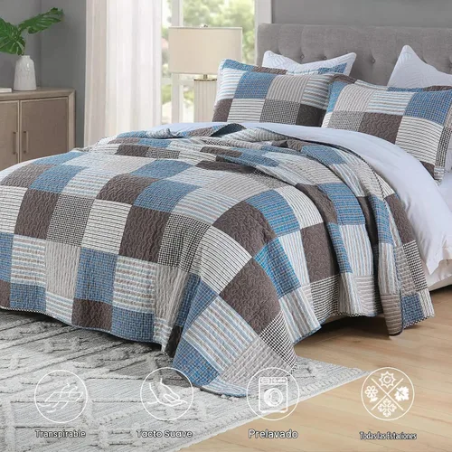 Vista 2 de Finlonte Edredones Tamaño Queen - Juego de Edredón Queen de Algodón 100% a Cuadros, Juego de Ropa de Cama de Granja Moderna, Colcha Reversible Azul