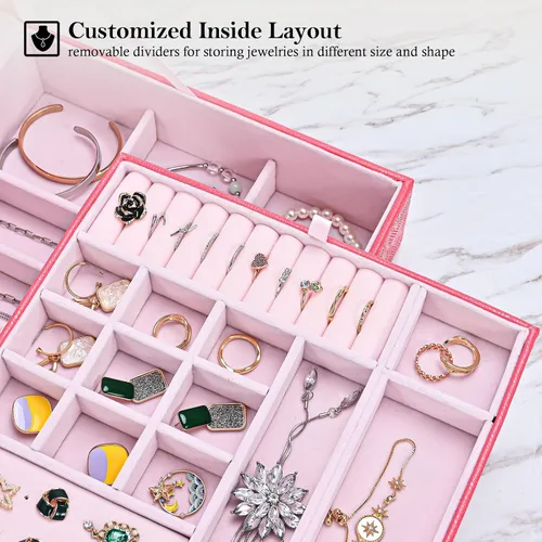 Vista 3 de Joyero para mujeres, niñas, novia, esposa, organizador de joyas de cuero grande, estuche de almacenamiento con dos capas para aretes, pulseras