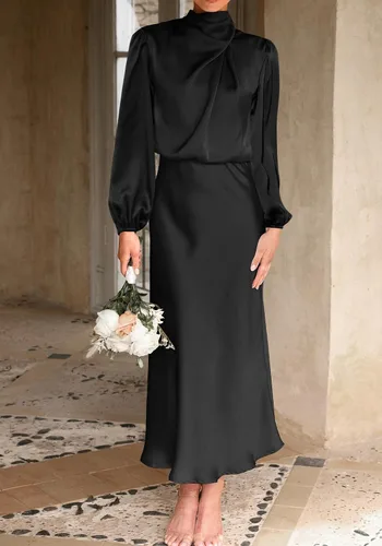 Vista 2 de BTFBM Vestido de satén con cuello alto falso para mujer, para primavera y verano, manga larga, ligero, formal, para boda, fiesta, maxi vestidos