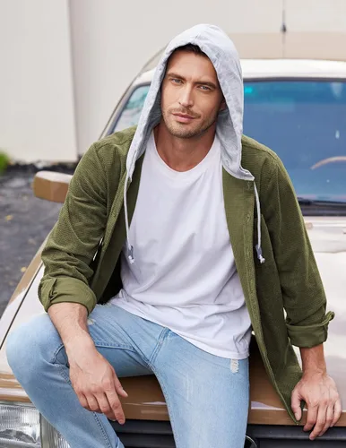 Vista 4 de COOFANDY Chaqueta de pana para hombre, manga larga, con botones, casual, elegante, con capucha, con bolsillo