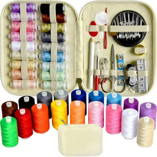 Vista 15 de Kit de costura con estuche, suministros de costura portátiles para el hogar, viajero, adultos, principiantes, emergencia, contiene 18 hilos