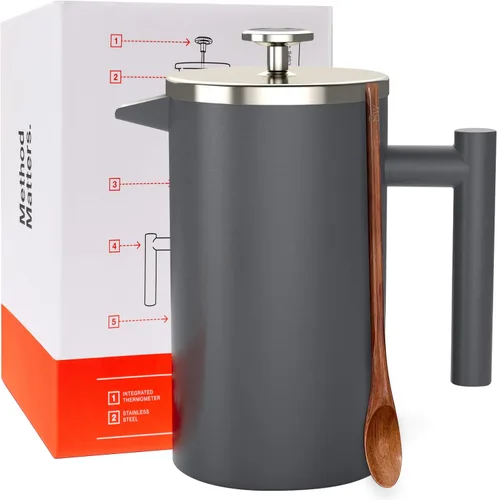Vista 8 de Barista Warrior - Cafetera de prensa francesa, prensa francesa aislada de acero inoxidable de doble pared con termómetro integrado, cafetera de Negro