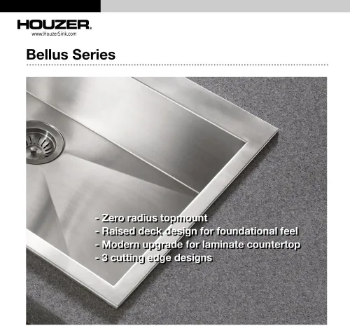 Vista 3 de Houzer Bellus Fregadero de cocina de acero inoxidable: 33 pulgadas de montaje superior de 1 orificio 60/40 doble cuenco con colador y rejillas