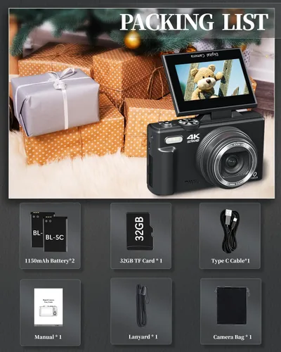 Vista 8 de Cámara digital 4K para principiantes y adolescentes, cámara de enfoque automático para vlogging con pantalla abatible de 180°, zoom 18X, cámara