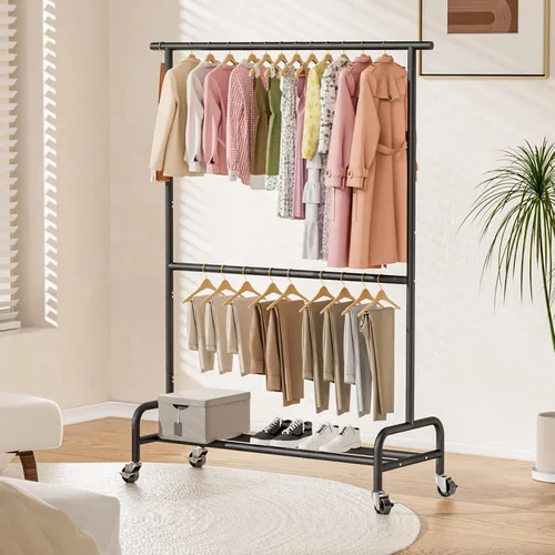 Vista 7 de Abiglifty Perchero con ruedas de 2 niveles, perchero resistente con ruedas, capacidad de 150 libras, 43 pulgadas de ancho x 17 pulgadas de Negro