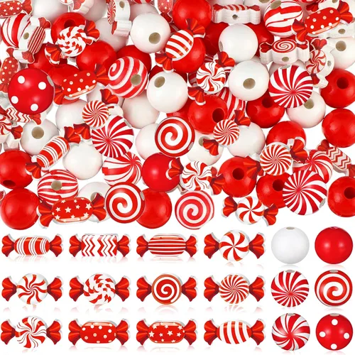 Vista 9 de Misdary 200 piezas de cuentas navideñas para manualidades, cuentas navideñas de madera, rojas y blancas, caramelo de menta, jengibre para joyería