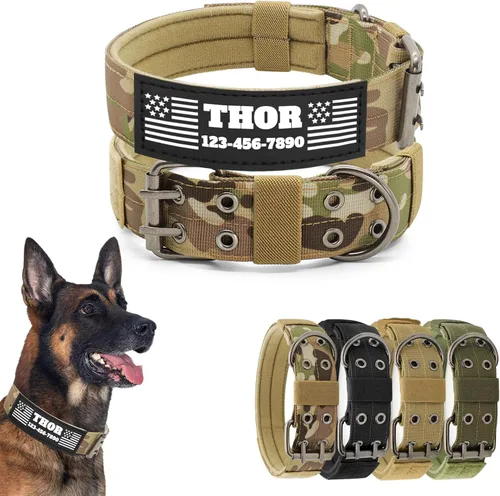 Vista 7 de Collar táctico personalizado para perro con parches de nombre y número de teléfono - Collar resistente personalizado con hebilla de cinturón