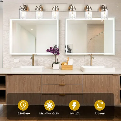 Vista 3 de BONLICHT Lámpara moderna de montaje en pared de níquel cepillado, lámpara de tocador de baño, aplique de pared de granja, 6 luces, accesorios