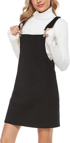 Vista 4 de Yeokou Vestido de pana para mujer, con tirantes acampanados, con bolsillo tipo babero