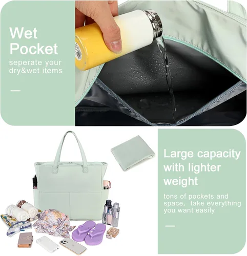 Vista 4 de Bluboon - Bolsa de playa impermeable para mujer, extra grande, con compartimento húmedo, para llevar de fin de semana, bolsa de piscina para viajes
