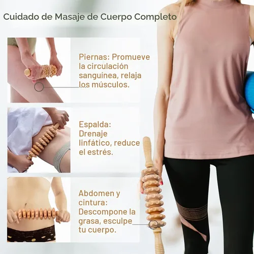 Vista 4 de Rodillo de masaje de madera para dar forma al cuerpo, rodillo de terapia de madera con 9 rodillos giratorios, herramienta de masaje anticelulítica