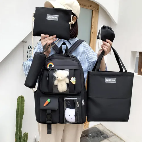 Vista 2 de Juego de 5 mochilas kawaii para niñas con bonitos accesorios de oso, suministros escolares, bolsas para bolígrafos, bolsa de hombro, 02-Negro
