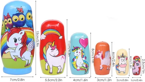 Vista 4 de Winterworm Juego de 6 muñecas rusas de madera con diseño de unicornio para decoración del hogar, juguetes apilables para cumpleaños