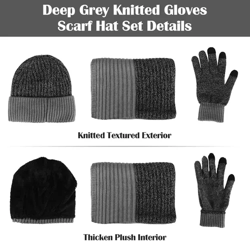 Vista 2 de Guantes para hombre para clima frío invierno cálido de felpa gris oscuro gorro de punto grueso para Navidad Año Nuevo regalo de cumpleaños