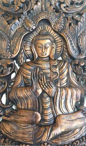 Vista 3 de Asiana Home Decor Buddha - Panel de pared de madera tallada grande en acabado marrón oscuro, tamaño 35.5 x 13.5 x 1 pulgadas