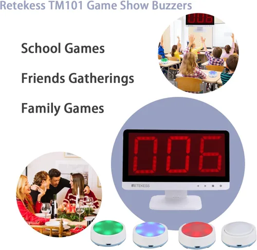 Vista 2 de Retekess Sistema de zumbador inalámbrico TM101, contesta zumbadores con luces y sonido, añade hasta 32 botones, 262 pies, zumbadores de programas