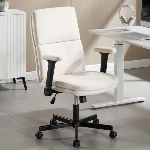 Vista 9 de Silla de oficina ajustable con respaldo medio, cómoda, de lino, ergonómica, con respaldo para el hogar, silla de computadora con reposabrazos Beige