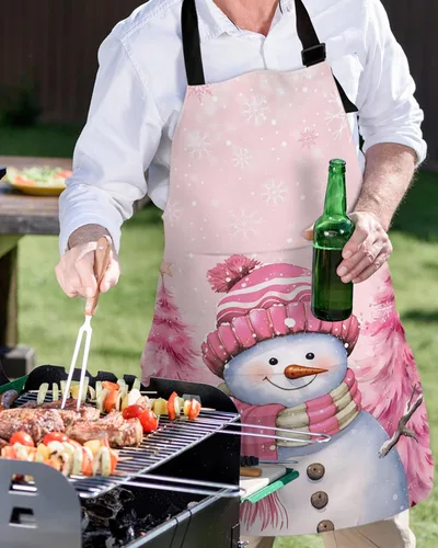 Vista 5 de Pink Snowman Christmas Bib Aprons with Pockets Waterproof, Adjustable Apron for Men Women Xmas Tree Winter Snowflake Pink