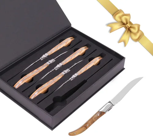 Vista 6 de LUVCOSY Juego de cuchillos para carne estilo Laguiole de 6, juego de cuchillos para carne sin dientes con mango de madera de olivo, cuchillos