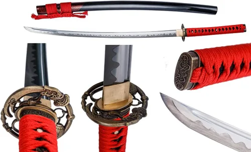 Vista 11 de Samurai Katana,1060 acero de alto carbono,Acero T10,Acero de Damasco,Aleación Tsuba,Mango de madera maciza