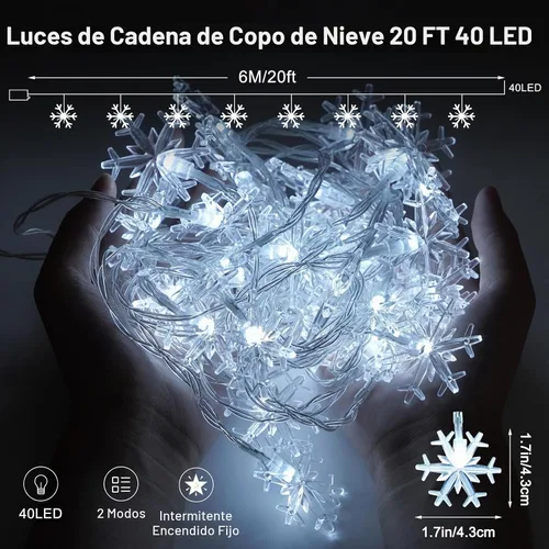 Vista 3 de Luces de copo de nieve de Navidad, cadena de luces LED de 20 pies con 40 Luces de copo de nieve - Blanco frío