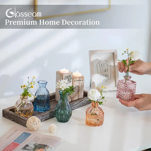 Vista 5 de Glasseam Jarrones de cristal para flor: 5 coloridos jarrones pequeños con bandeja de madera rústica para el hogar, oficina, sala de estar, baño