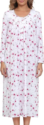 Vista 8 de Camisones largos de algodón para mujer, 100% algodón, vestido de noche de manga larga para mujer, ropa de dormir vintage A rosa