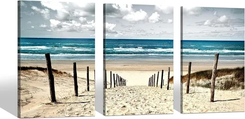 Vista 9 de Lienzo de playa costero para pared: tres piezas para dormitorio, imagen del océano, camino del océano, obra de arte de paisaje marino, pintura