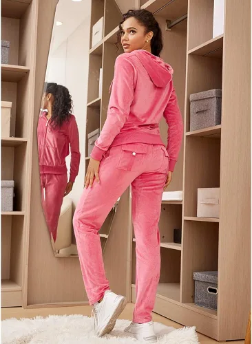 Vista 3 de LI HANTON Conjunto deportivo de terciopelo para mujer, 2 piezas, sudadera con capucha y cremallera completa