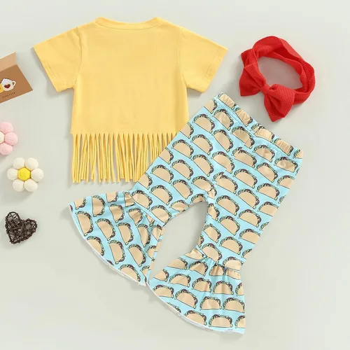 Vista 63 de fhutpw Conjunto de camiseta de manga corta con estampado de vaca y pantalones acampanados de dibujos animados para niñas