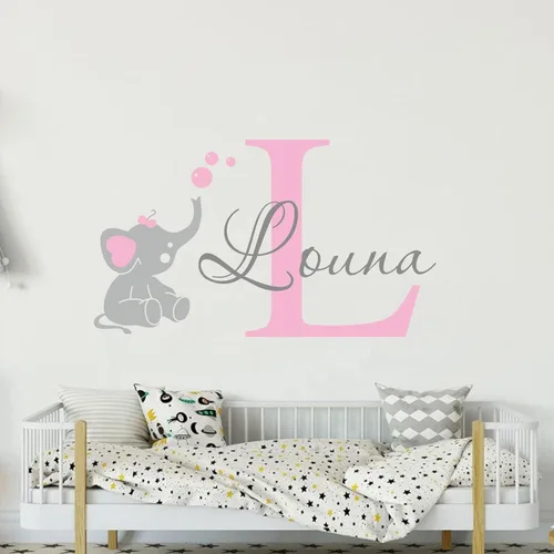 Vista 5 de Adhesivo de pared con nombre personalizado con elefante, calcomanía para el hogar, decoración de vinilo con nombre personalizado para niños, niñas