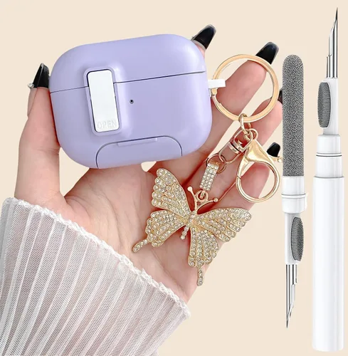 Vista 12 de Bonita funda rosa para Airpods de 4 generación con cerradura y llavero de mariposa brillante para mujeres femeninas, funda rígida transparente única