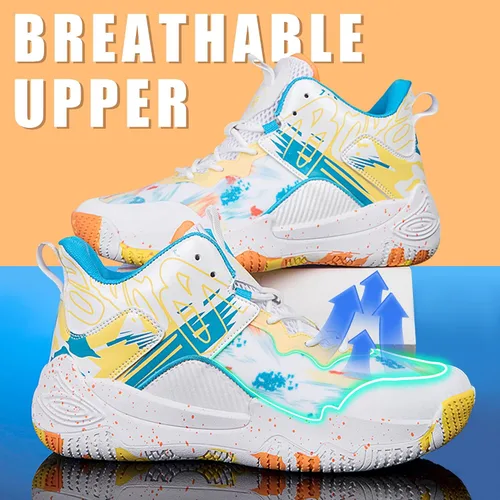 Vista 5 de Promenie Zapatos de baloncesto para hombre, antideslizantes, transpirables, para exteriores, zapatos de entrenamiento de graffiti de moda