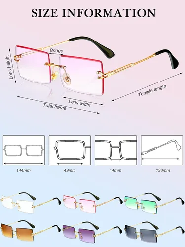 Vista 2 de Weewooday 6 pares de lentes de sol rectangulares sin montura para mujeres y hombres, vintage, elegantes, sin marco, gafas cuadradas unisex