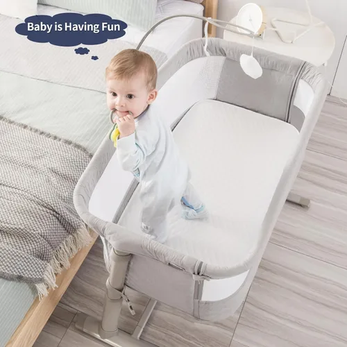 Vista 2 de RONBEI Cuna de bebé para el costado de la cama, con malla transpirable, cuna de moisés ajustables en altura para bebé/recién nacido/lactantes