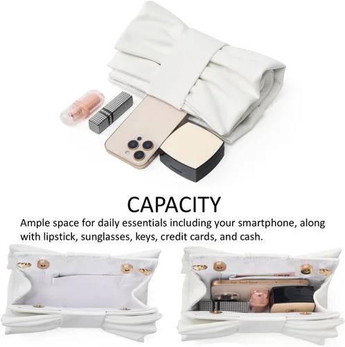 Vista 5 de Elegante bolso de mano con lazo para mujer, suave y plisado, bolsa de noche de poliuretano con cadena desmontable para fiesta de graduación, boda